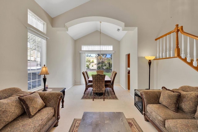1159 Avenida Azul, San Marcos, CA 92069 - dining room featuring high vaulted ceiling, light colored carpet, and stairs
