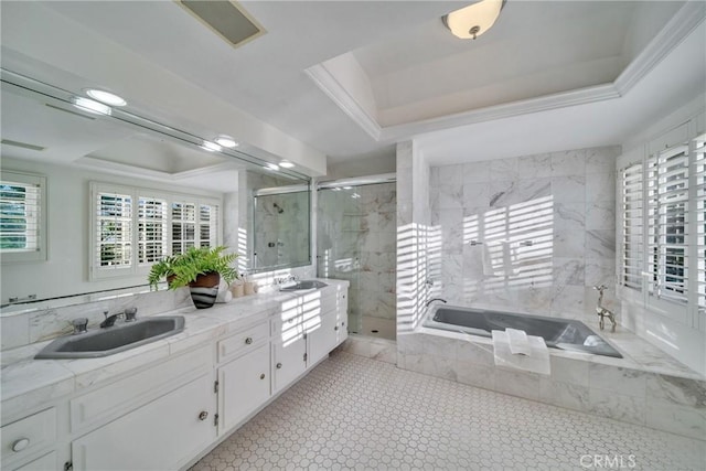 9472 Rembert Ln, Beverly Hills, CA 90210 - bathroom featuring a raised ceiling, plenty of natural light, double vanity, and crown molding