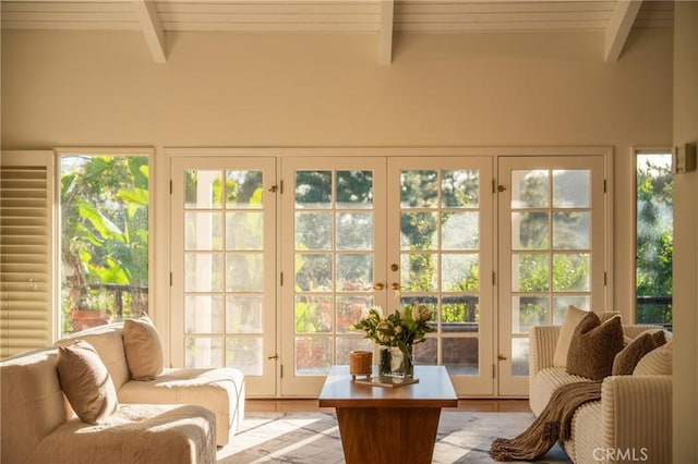 9472 Rembert Ln, Beverly Hills, CA 90210 - sunroom featuring french doors and beamed ceiling