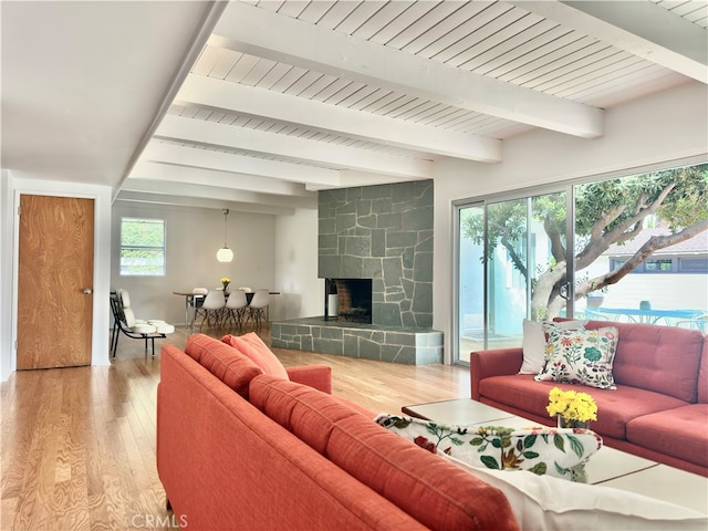 4417 E Harvey Way, Long Beach, CA 90808 - living area featuring wood finished floors, beamed ceiling, and a fireplace