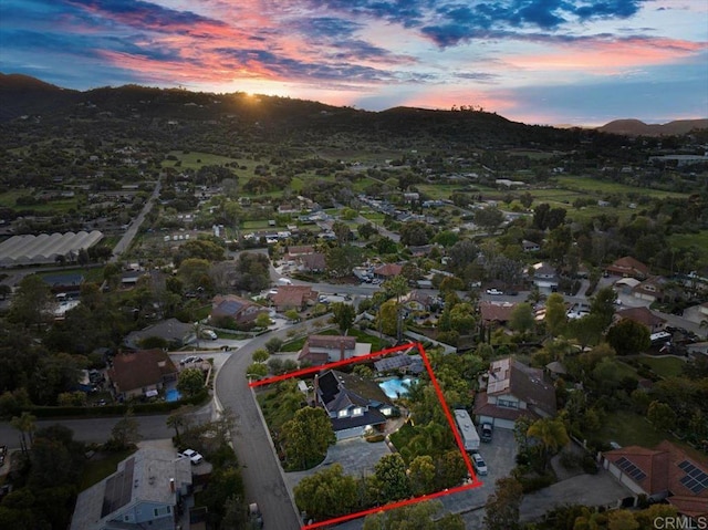 962 Chardonney Way, Escondido, CA 92029 - aerial view at dusk of property boundaries highlighted, a mountain view, and a residential view