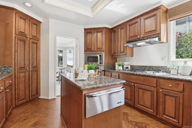 3309 Caminito Cabo Viejo, Del Mar, CA 92014 - kitchen with a warming drawer, a tray ceiling, appliances with stainless steel finishes, under cabinet range hood, and brown cabinets