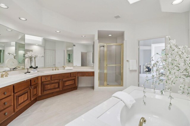 3309 Caminito Cabo Viejo, Del Mar, CA 92014 - full bathroom featuring double vanity, a stall shower, a whirlpool tub, and recessed lighting