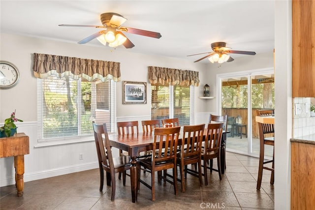 24825 Florence Ave, Corning, CA 96021 - tiled dining space featuring ceiling fan and wainscoting