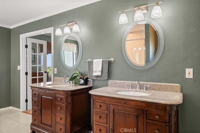 24825 Florence Ave, Corning, CA 96021 - full bath with two vanities, tile patterned floors, and ornamental molding