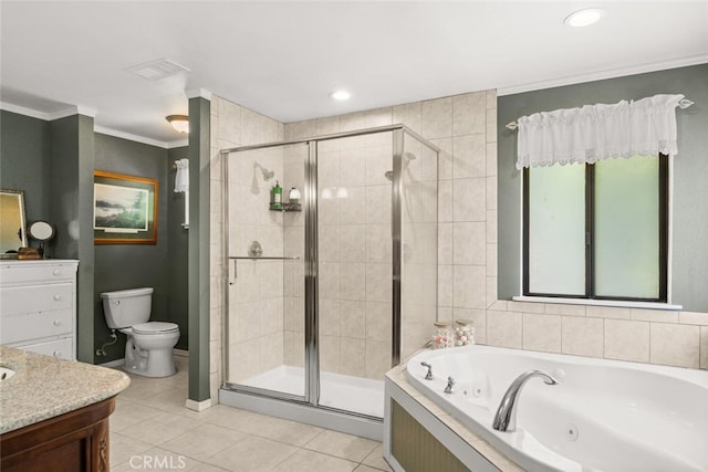 24825 Florence Ave, Corning, CA 96021 - full bathroom featuring a tub with jets, a stall shower, tile patterned floors, crown molding, and recessed lighting