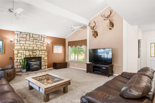 24825 Florence Ave, Corning, CA 96021 - carpeted living area featuring ceiling fan and a wood stove