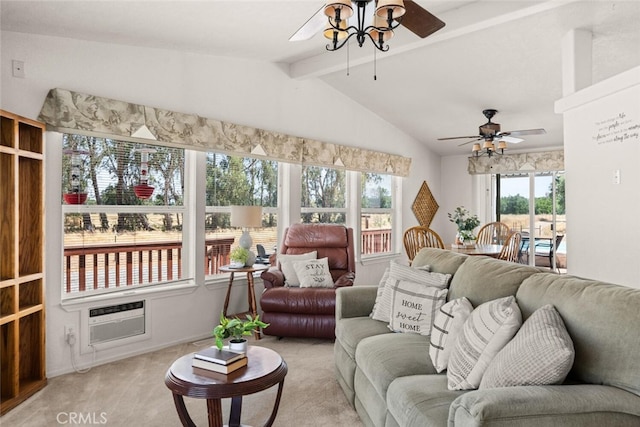 24825 Florence Ave, Corning, CA 96021 - living room with a ceiling fan, a wall mounted AC, and light colored carpet