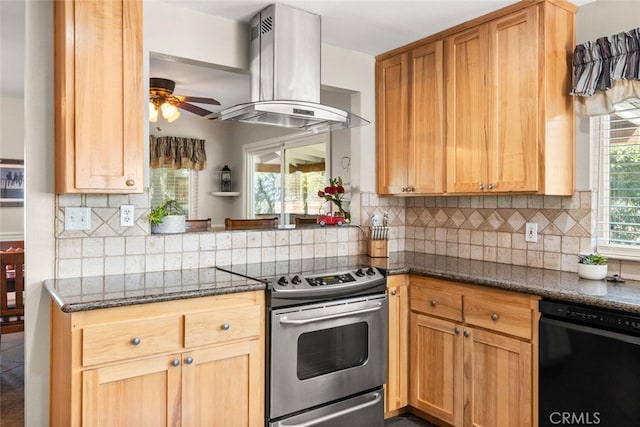 24825 Florence Ave, Corning, CA 96021 - kitchen featuring stainless steel range with electric stovetop, island exhaust hood, black dishwasher, ceiling fan, and decorative backsplash