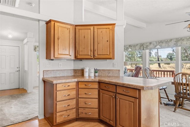 24825 Florence Ave, Corning, CA 96021 - kitchen with light countertops, light wood-style flooring, a ceiling fan, and a peninsula