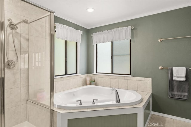 24825 Florence Ave, Corning, CA 96021 - bathroom featuring a shower stall, a bath, crown molding, and tile patterned floors