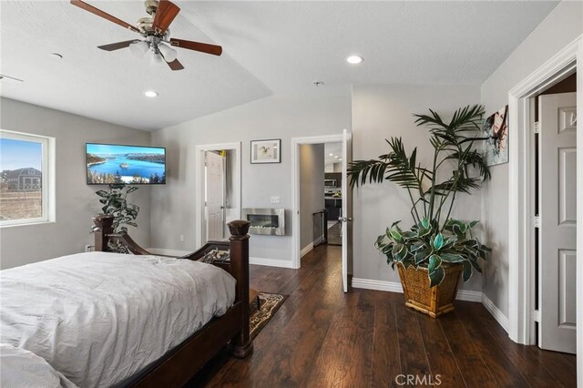 7755 7th St, Phelan, CA 92371 - bedroom featuring lofted ceiling, wood finished floors, recessed lighting, and a ceiling fan