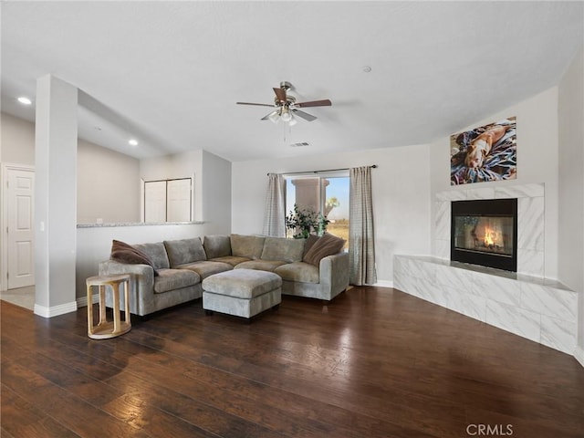 7755 7th St, Phelan, CA 92371 - living area with ceiling fan, wood finished floors, a high end fireplace, and recessed lighting