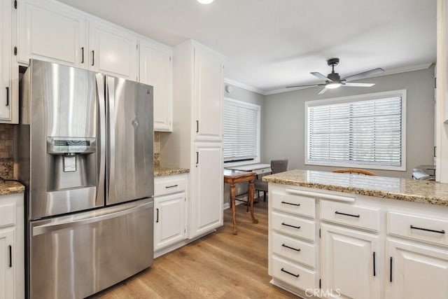 27532 N Bay Rd, Lake Arrowhead, CA 92352 - kitchen featuring stainless steel refrigerator with ice dispenser, backsplash, ceiling fan, light wood-style flooring, and white cabinetry