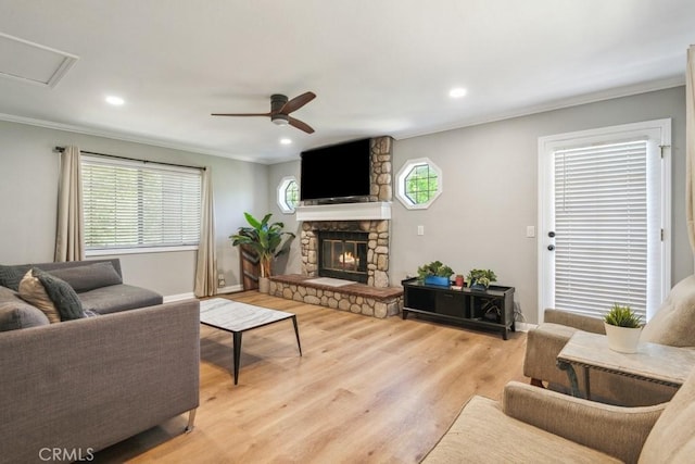 27532 N Bay Rd, Lake Arrowhead, CA 92352 - living area featuring ornamental molding, a ceiling fan, light wood-style floors, a fireplace, and recessed lighting