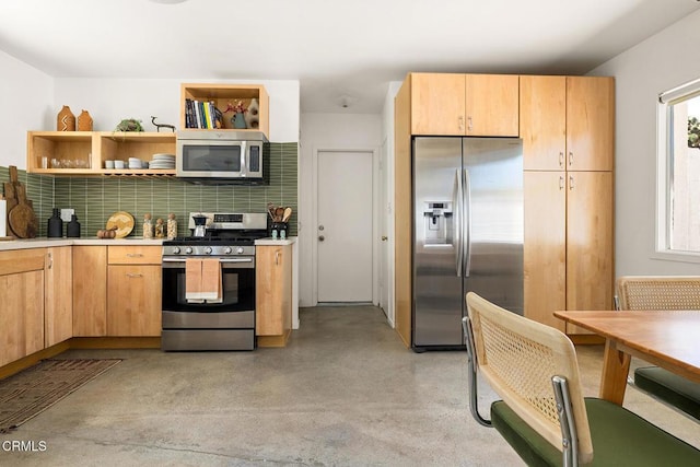 54667 Benecia Trl, Yucca Valley, CA 92284 - kitchen with appliances with stainless steel finishes, finished concrete flooring, tasteful backsplash, light brown cabinetry, and light countertops