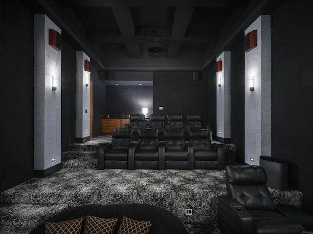 211 Mar De Cortez, Avalon, CA 90704 - cinema room featuring coffered ceiling, beamed ceiling, and carpet