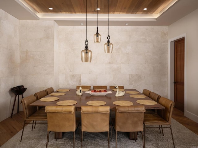 211 Mar De Cortez, Avalon, CA 90704 - dining room with a tray ceiling, wood finished floors, recessed lighting, and wood ceiling