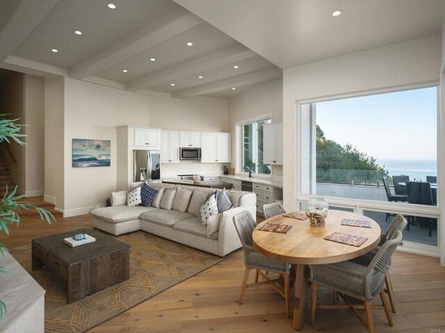 211 Mar De Cortez, Avalon, CA 90704 - living room with beam ceiling, recessed lighting, and light wood-style flooring