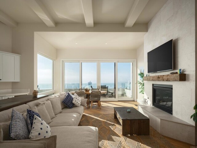 211 Mar De Cortez, Avalon, CA 90704 - living room with beam ceiling, wood finished floors, and a fireplace