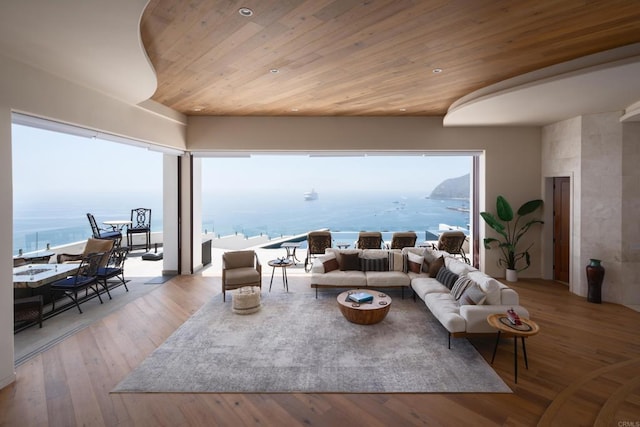 211 Mar De Cortez, Avalon, CA 90704 - living area with wood ceiling, hardwood / wood-style floors, recessed lighting, and a water view