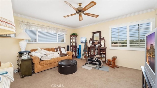 860 Knollwood Dr, Corona, CA 92882 - carpeted living area featuring ornamental molding and a ceiling fan
