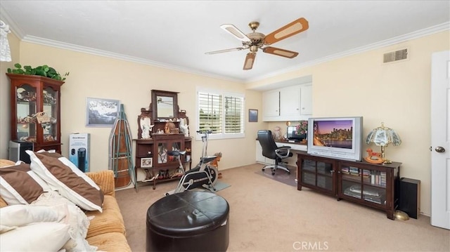 860 Knollwood Dr, Corona, CA 92882 - home office with light colored carpet, crown molding, and ceiling fan