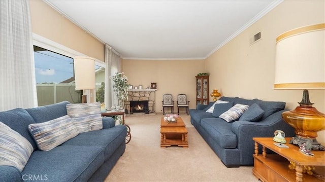 860 Knollwood Dr, Corona, CA 92882 - carpeted living area with ornamental molding and a stone fireplace