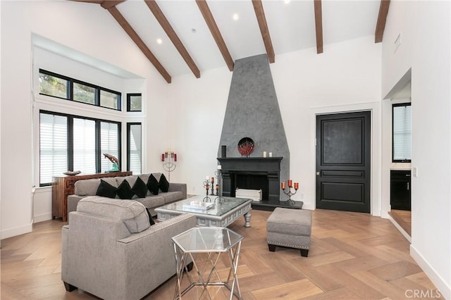5225 Topeka Dr, Tarzana, CA 91356 - living area with high vaulted ceiling, recessed lighting, beam ceiling, healthy amount of natural light, and a large fireplace