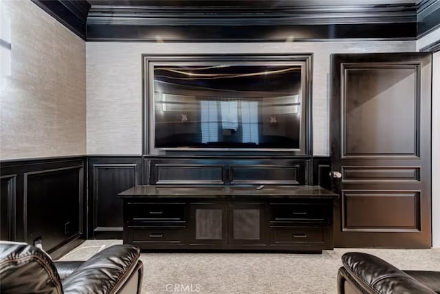 5225 Topeka Dr, Tarzana, CA 91356 - home theater featuring light carpet, a decorative wall, and ornamental molding