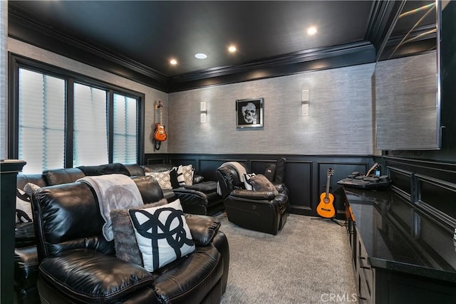 5225 Topeka Dr, Tarzana, CA 91356 - cinema room featuring crown molding, carpet floors, recessed lighting, and a wainscoted wall