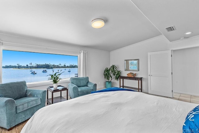 3366 Bayside Walk, San Diego, CA 92109 - tiled bedroom featuring a water view and vaulted ceiling