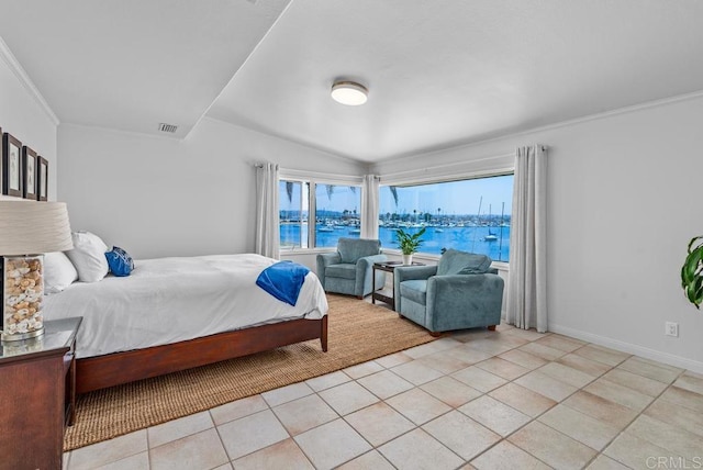 3366 Bayside Walk, San Diego, CA 92109 - bedroom featuring multiple windows, light tile patterned floors, a water view, and crown molding