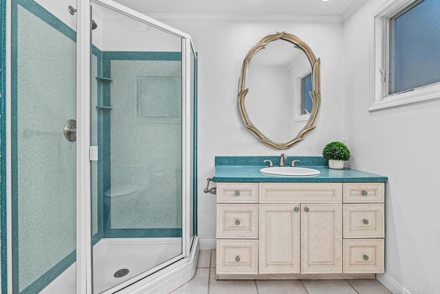 3366 Bayside Walk, San Diego, CA 92109 - full bath with a stall shower, vanity, crown molding, and tile patterned floors