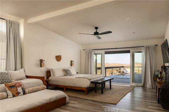 59855 Security Dr, Yucca Valley, CA 92284 - bedroom with access to exterior, wood finished floors, and ceiling fan