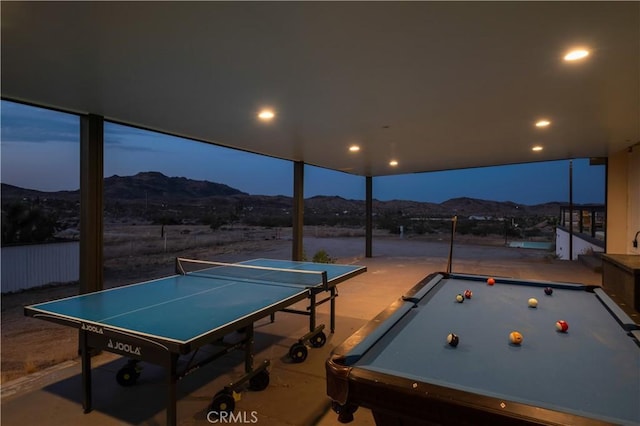 59855 Security Dr, Yucca Valley, CA 92284 - rec room featuring a mountain view, billiards, and recessed lighting