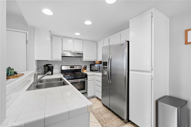 405 Ribbon Beach Way Unit 243, Oceanside, CA 92058 - kitchen featuring stainless steel appliances, under cabinet range hood, tile counters, white cabinets, and recessed lighting