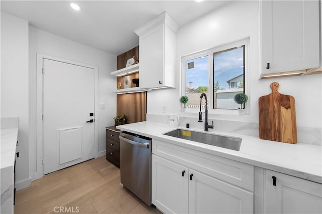 16082 Athol St, Fontana, CA 92335 - kitchen featuring dishwasher, light wood-style floors, white cabinetry, open shelves, and recessed lighting