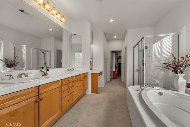2631 Harvest Crest Ln, Corona, CA 92881 - bathroom with double vanity, a stall shower, a garden tub, and recessed lighting