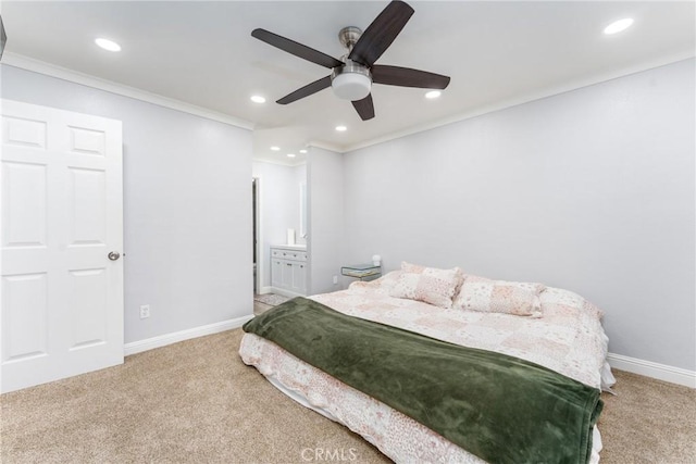 72 Corniche Dr Unit C, Dana Point, CA 92629 - bedroom featuring carpet floors, ornamental molding, recessed lighting, connected bathroom, and ceiling fan