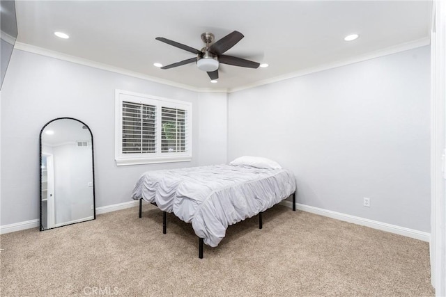 72 Corniche Dr Unit C, Dana Point, CA 92629 - bedroom featuring carpet floors, recessed lighting, ornamental molding, and a ceiling fan