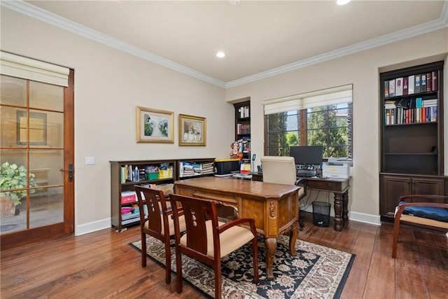 1377 Versante Cir, Corona, CA 92881 - office space featuring ornamental molding, hardwood / wood-style floors, and recessed lighting