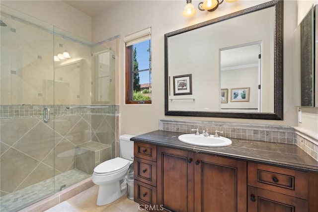 1377 Versante Cir, Corona, CA 92881 - full bath featuring vanity, a shower stall, tasteful backsplash, and tile patterned flooring