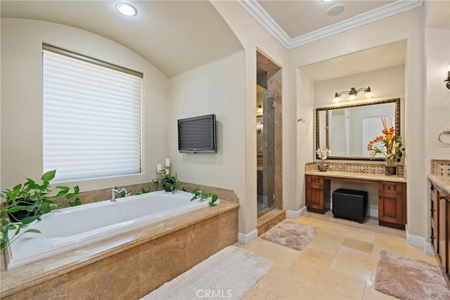 1377 Versante Cir, Corona, CA 92881 - full bath with vanity, a garden tub, a stall shower, ornamental molding, and tile patterned floors