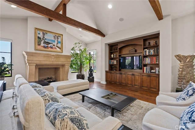1377 Versante Cir, Corona, CA 92881 - living area with wood finished floors, a premium fireplace, and recessed lighting