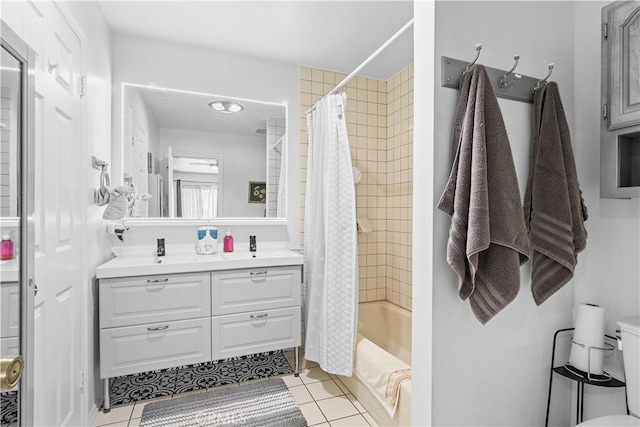 1876 Sparrow Rd, Wrightwood, CA 92397 - bathroom with double vanity, shower / bath combination with curtain, and tile patterned flooring