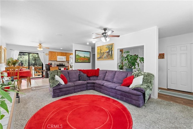 1876 Sparrow Rd, Wrightwood, CA 92397 - carpeted living area with ceiling fan, recessed lighting, and wood finished floors
