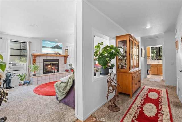 1876 Sparrow Rd, Wrightwood, CA 92397 - hall featuring light colored carpet, cooling unit, and healthy amount of natural light