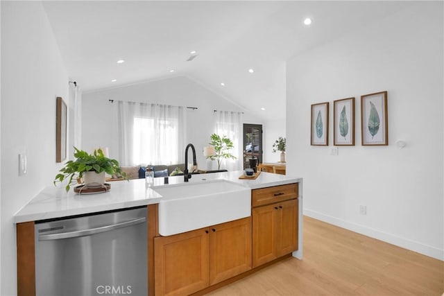 351 Vista Pl, Los Angeles, CA 90042 - kitchen featuring stainless steel dishwasher, lofted ceiling, light wood-type flooring, open floor plan, and recessed lighting