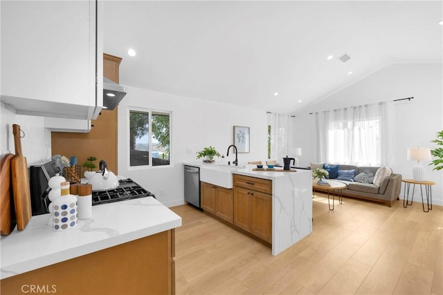 351 Vista Pl, Los Angeles, CA 90042 - kitchen featuring healthy amount of natural light, stainless steel dishwasher, light wood-style floors, vaulted ceiling, and recessed lighting